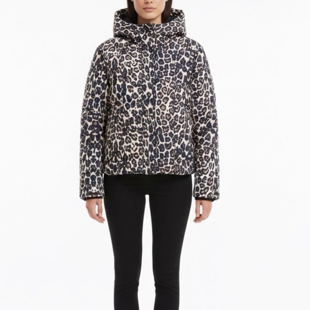Generation Love Womens Animal Print Hooded Puffer Jacket Black/Brown Size S